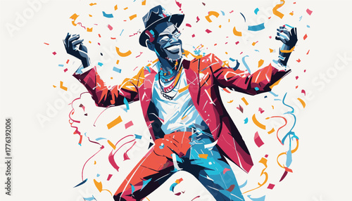 Ecstatic Man Joyfully Celebrating with Confetti Against a White Background with Copy Space