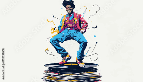 Energetic Man Joyfully Dancing on Vinyl Records Against a White Background with Copy Space