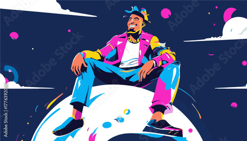 Joyful Man Casually Sitting on a White Curve Against a Starry Night Sky with Copy Space