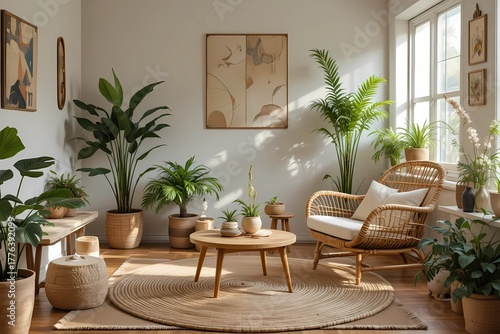 Wallpaper Mural Cozy Living Room with Rattan Chair. Sustainable Home Interior and Natural Materials Concept Torontodigital.ca