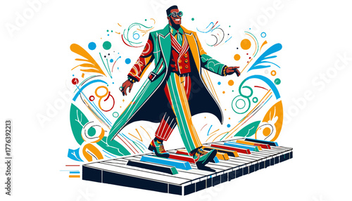 Confident Man Walking on a Piano Keyboard in a Vibrant Suit Against a White Musical Background with Copy Space