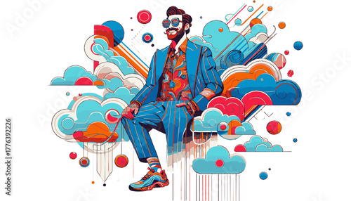 Stylish Man Confidently Sitting Among Colorful Abstract Clouds Against a Light Background with Copy Space