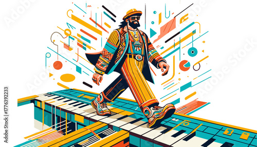 Confident Man in Vibrant Suit and Hat Striding on a Piano Keyboard Against an Abstract Geometric Background with Copy Space