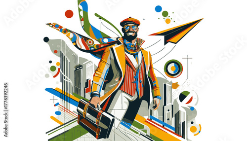 Confident Man in Vibrant Suit and Beret Carrying a Briefcase Against an Abstract Cityscape Background with Copy Space