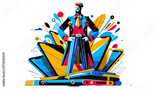 Confident Man in a Vibrant Suit Standing Powerfully on a Stack of Smartphones Against a White Abstract Background with Copy Space