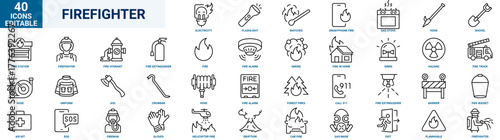 Fire Protection web line icon set. Fire department symbol with fire, fire hose, firefighter, extinguisher, fire engine, sprinkler system, burning house