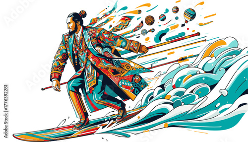 Dynamic Man in a Vibrant Kimono-Style Coat Skiing on Abstract Waves Against a White Background with Copy Space