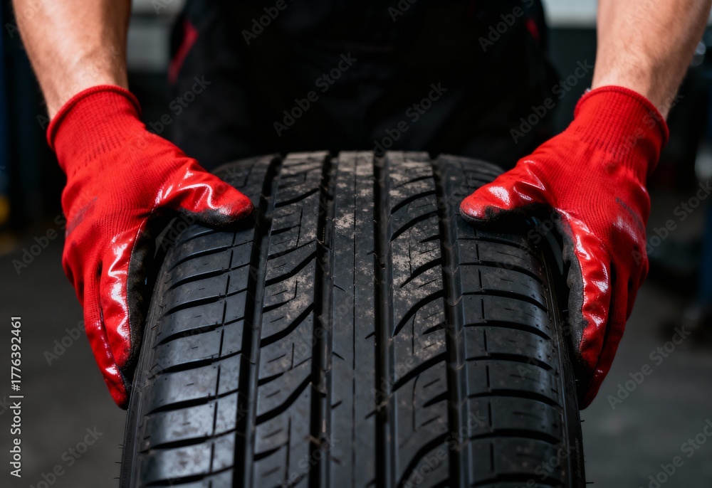 Fototapeta premium Auto mechanic wearing red gloves pushing car tire through garage workshop for maintenance and inspection.