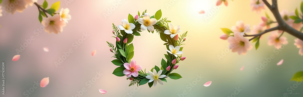 Naklejka premium delicate cluster flowers lush greenery forms majestic letter set soft focus background pastel hues