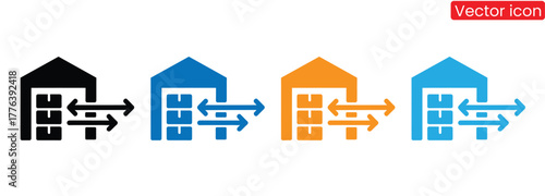 Streamline your business with this dynamic warehouse icon set, perfect for illustrating logistics, supply chain, and distribution workflows. Ideal for presentations, websites, and marketing materials.