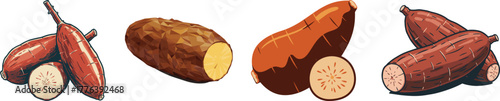 Cassava Yuca Manioc Root Vegetable Food Vector Illustration Set
