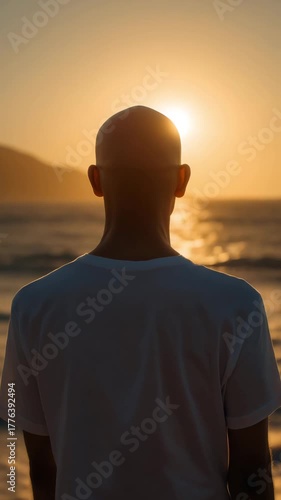 Bald man looks at the sea and sun, fight against cancer	