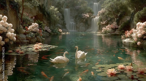 Fototapeta Naklejka Na Ścianę i Meble -  Peaceful lotus pond surrounded by flowers high resolution image