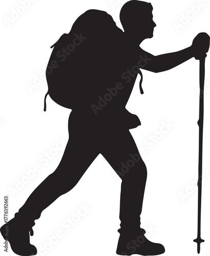 Silhouette of a hiker with a backpack and hiking poles, ideal for travel, adventure, outdoor activities, or recreational projects and designs