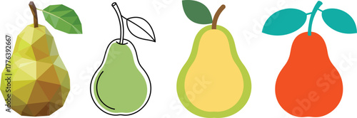 Variety of Pear Fruit Vector Styles: Low Poly, Outline, and Flat Design