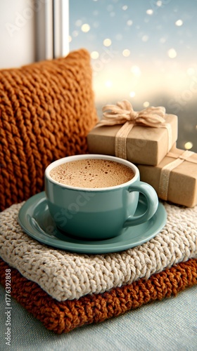 Cozy Coffee Cup with Gift Boxes on Knit Blankets by the Window