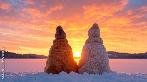 Cozy Winter Sunset: Two People Embracing the Cold with Warm Knitted Blankets and Hats