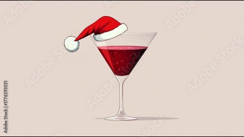 Funny holiday video animation of Santa Claus hat on a cocktail glass. Festive atmosphere
