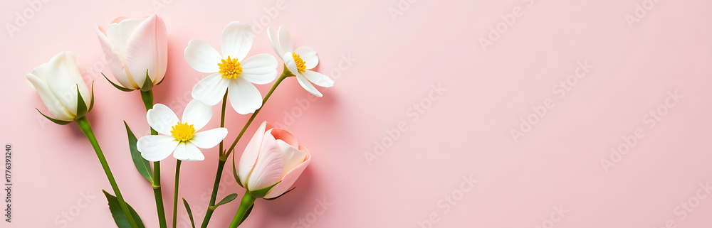 Fototapeta premium delicate bouquet white flowers rests soft creamy pastel pink backdrop serene overhead flat lay