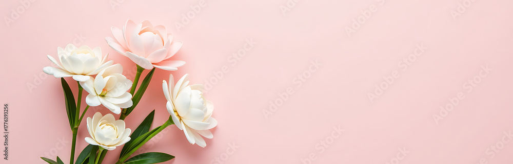 Fototapeta premium delicate bouquet white flowers rests soft creamy pastel pink backdrop serene overhead flat lay