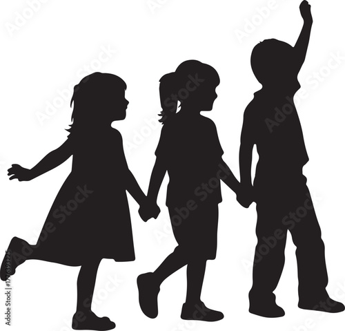 A heartwarming silhouette capturing the innocent joy and unity of three young children walking hand-in-hand, symbolizing childhood friendships, guidance, and hopeful exploration of the future ahead