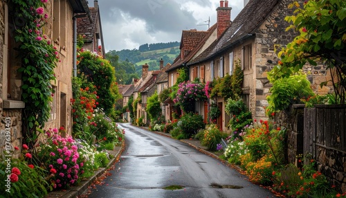 Charming European Village Street Lined with Stone Houses Adorned with Vibrant Pink and Red Flowers Under a Cloudy Sky with Distant Green Hills
