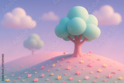 Enchanting pastel landscape with whimsical trees and blooming flowers under a soft sky, perfect for children's stories or serene backgrounds.