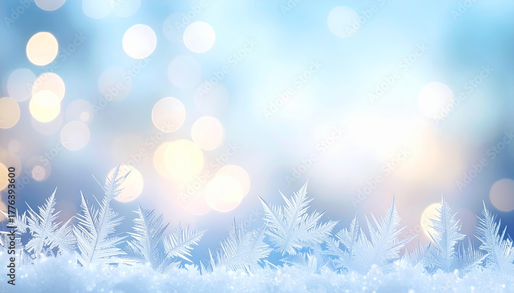 Naklejka premium Abstract winter background featuring intricate ice frost crystals on a snowy landscape with magical blue and gold bokeh lights