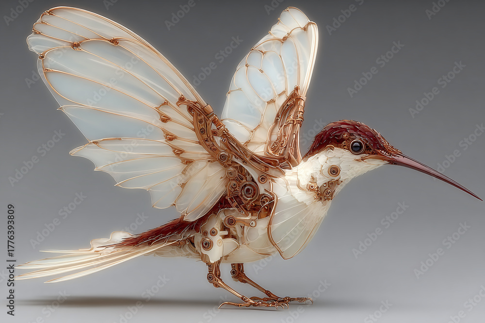 Fototapeta premium Exquisite hummingbird sculpture with delicate wings, showcasing intricate craftsmanship and avian beauty in stunning detail
