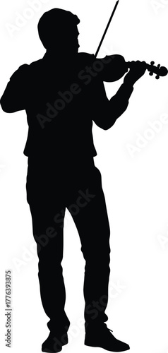Silhouette of a person standing and playing a string instrument, likely a violin or fiddle.