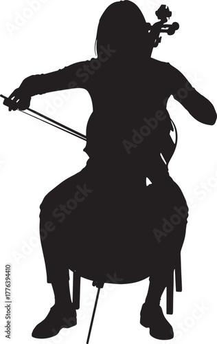 Seated musician playing the cello bowed string instrument silhouette vector.