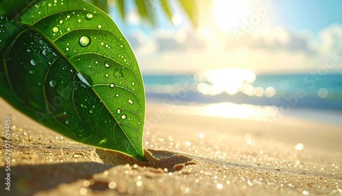 Close Up Of Green Leaf With Water Droplets On Sandy Beach With Ocean Waves And Sun Flare In Background