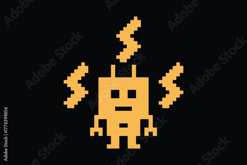 Cartoon pixel art of humanoid robot learning toy robotic engineer bot machine business vector character automation electronic background 8 bit artificial intelligence concept.