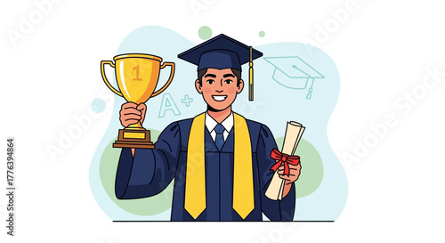 Graduation Celebration Student Holding Trophy and Diploma Indoor Illustration, Academic Achievement, Front View, Success Concept