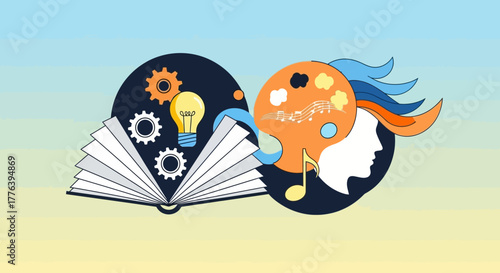 Creative Learning Action, Human Mind, Abstract Environment, Educational Illustration, Conceptual Side View