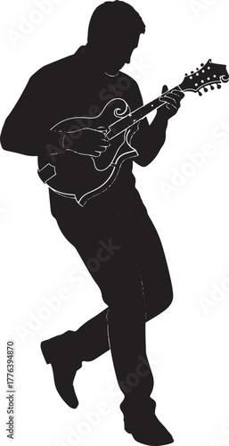 Silhouette vector of a man playing mandolin isolated on transparent background.