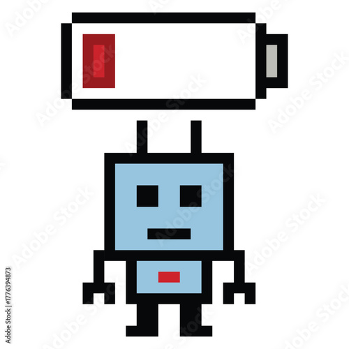 Cartoon pixel art of humanoid robot learning toy robotic engineer bot machine business vector character automation electronic background 8 bit artificial intelligence concept.