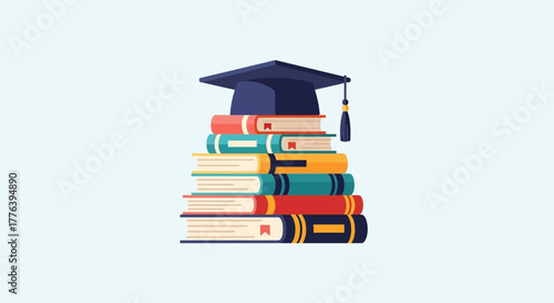 Graduation Cap on Stack of Books, Education Success, Indoors, Flat Illustration, Knowledge Concept