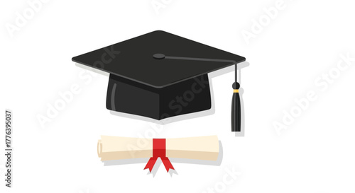 Graduation Cap and Diploma Vector Illustration, Education Achievement, White Background, Flat Design, Isolated, Academic Concept