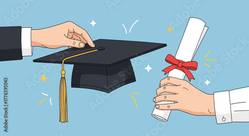 Graduation Ceremony Handing Cap and Diploma, People, Indoor Event, Vector Illustration, Achievement Concept