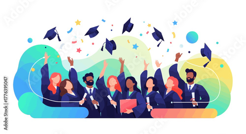 A vibrant and colorful vector illustration of diverse students celebrating their graduation with joy and tossed caps