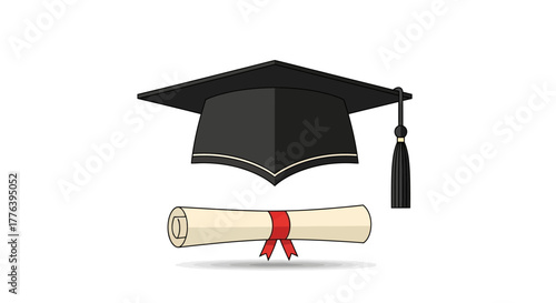 Vector illustration of a black academic mortarboard cap and a diploma scroll tied with a red ribbon, symbolizing graduation and educational achievement