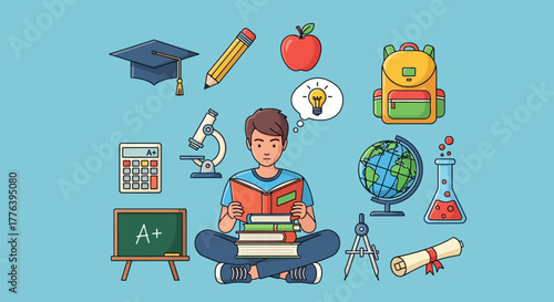 Conceptual illustration of a student learning with various school supplies and academic subject icons representing knowledge and education