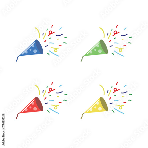 カラフルなクラッカーのイラストセット（青・緑・赤・黄のパーティーアイコン）