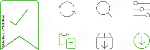 Essential UI Line Icons Collection. Featuring Download Arrow, Refresh, Search, Settings, Clipboard, Package Symbols. Modern Interface Design. User Experience in Web Apps and Software Projects