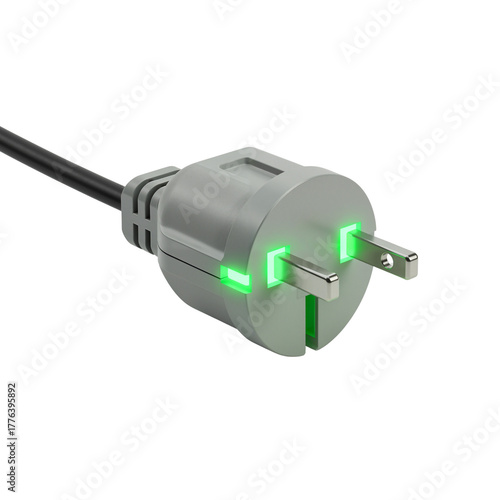 3D render of electric plug with glowing green light on white background showcasing modern technology, isolated on white, transparent background. Ecology infographic