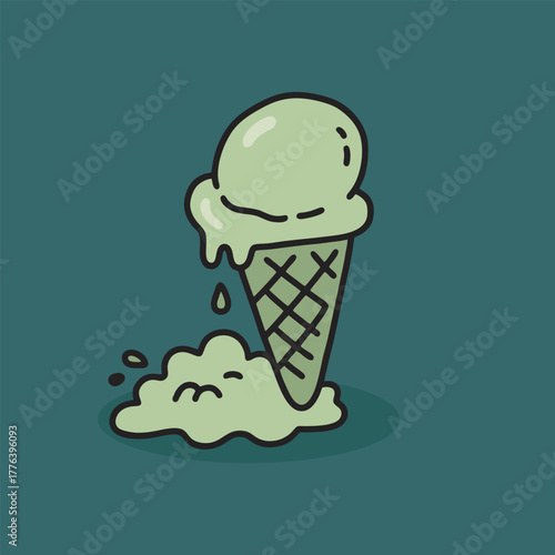 Cartoon Melting Green Ice Cream Cone Illustration