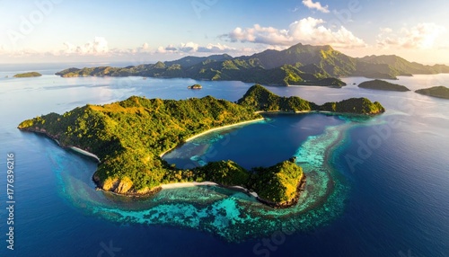 Aerial View Of A Lush Tropical Island With A Crystal Clear Turquoise Lagoon And Coral Reefs Under A Bright Blue Sky With Golden Sunlight
