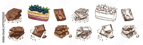 Hand drawn vintage sketch of chocolate bars and blueberry cheesecake in color and monochrome version, isolated vector illustration