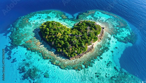 Aerial View Of A Lush Green Heart Shaped Island Surrounded By Crystal Clear Turquoise Ocean Water With Coral Reefs Visible Below On A Sunny Day